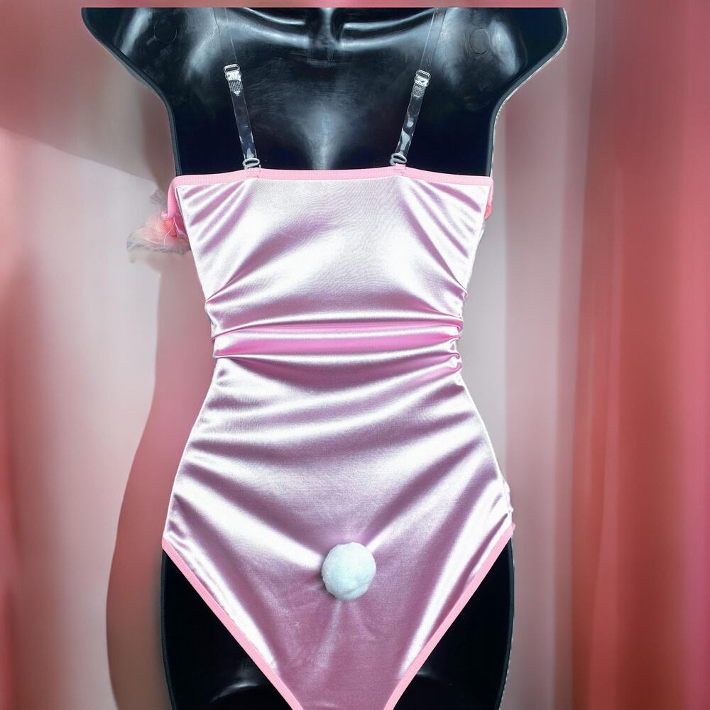 New Medium Silky Pink Feather Bunny Bodysuit Halloween Costume Set Mean Girls - Picture 5 of 5